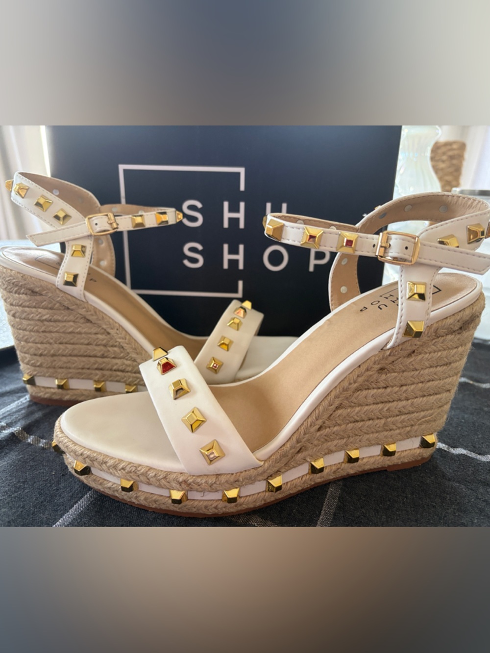 ShuShop White and Gold Studded Espadrille Wedge Sandals Size 9